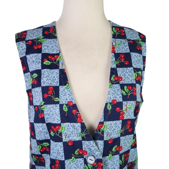 Vintage 90s Blue and Red Checker Cherry Print Vest M - Picture 2 of 5